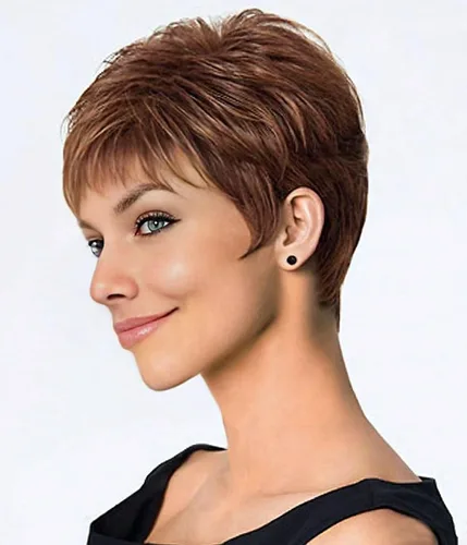 Vista 13 de Pelucas cortas gris plateadas para mujeres blancas, pelucas sintéticas con corte pixie natural y a capas con flequillo, peluca corta de pelo gris
