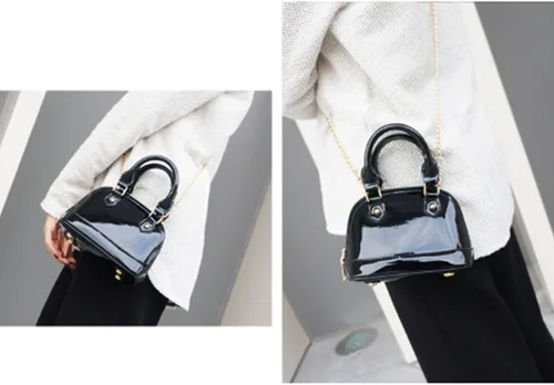 Vista 3 de Cremallera alrededor de la bóveda de cuero de patente Satchel Mini Top Handle Tote Bag Shell Shape Monedero Bolsos