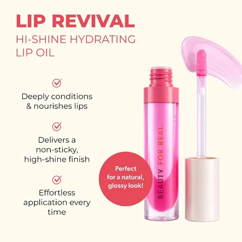Vista 2 de Beauty For Real Lip Revival Hi-Shine - Aceite labial hidratante, boina de frambuesa (rosa transparente) - Ligero - Antiadherente, acabado brillante
