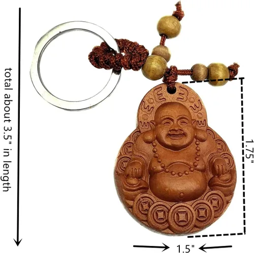 Vista 4 de Betterdecor Feng Shui Peach Wood Money Happy Laughing Buddha Key Ring Amulet for Wealth Luck