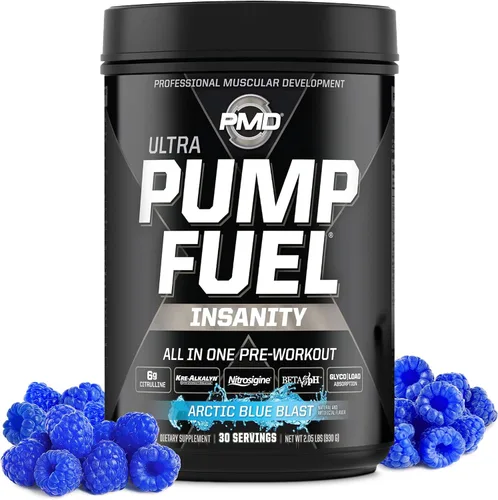 Vista 10 de PMD Sports Pump Fuel All in Insanity, Polvo Pre-Entreno Definitivo y Bomba Muscular, Energía de Máxima Fuerza, Concentración, Resistencia