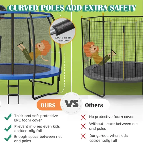Vista 5 de Giantex Trampolín con aro de baloncesto, 8, 10, 12 pies, aprobado por la ASTM para todo tipo de clima, escalera recreativa al aire libre para niños