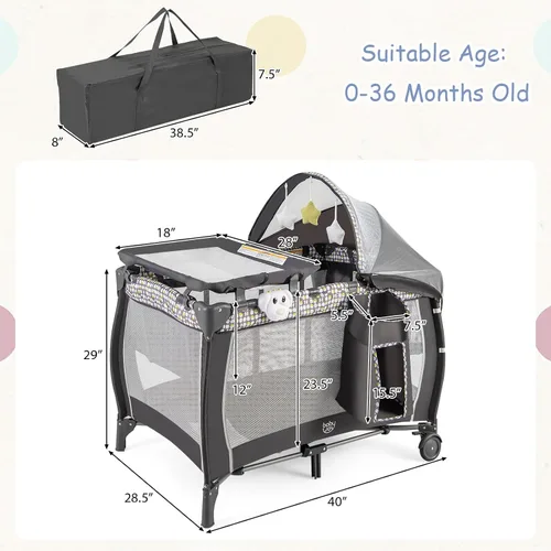 Vista 9 de HONEY JOY Pack and Play, centro de guardería plegable 4 en 1 con moisés infantil de tamaño completo y cambiador de pañales, cuna portátil para niños