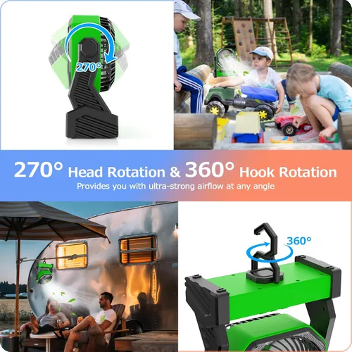 Vista 5 de Gewanolla Ventilador recargable portátil con luz LED, ventilador de campamento con batería de 20000 mAh con gancho, pivote de 270°, 4 velocidades