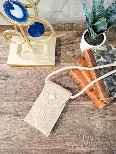 Vista 6 de Bolsa de tela tejida de ratán a mano para teléfono celular, bolsillo para tarjetas)