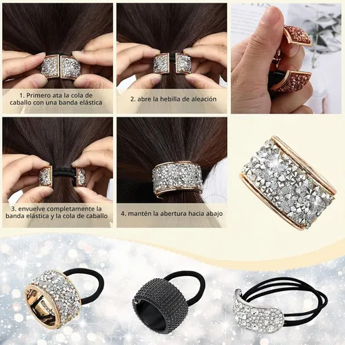 Vista 3 de Canlierr 8 piezas de diamantes de imitación para cola de caballo, puños elásticos para el cabello, colas de caballo de cristal, accesorios