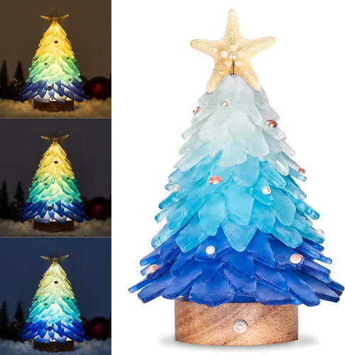 Vista 9 de Árbol de Navidad de cristal azul marino - Mini árbol de Navidad con luces LED Centro de mesa hecho a mano, ideal para Navidad, Año Nuevo
