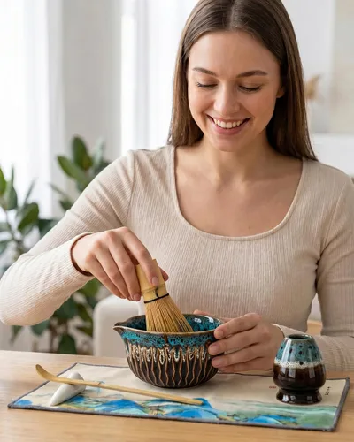 Vista 2 de Matcha Whisk Set, Ceramic Tea Kit Includes Bowl Blue
