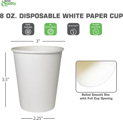 Vista 3 de EcoQuality Vasos desechables de papel blanco de 8 onzas para bebidas calientes, reciclables, compostables, ideales para oficina, salas de descanso