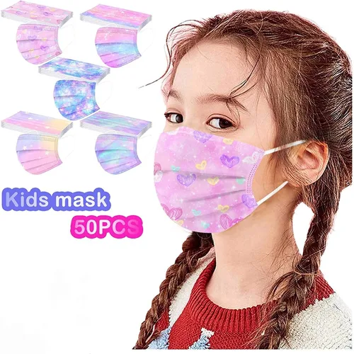 Vista 5 de Paquete de 50 Mascarillas Faciales Desechables para Niños Transpirables con Filtro de Polvo Cubrebocas con Banda Elástica para las Orejas para Niños