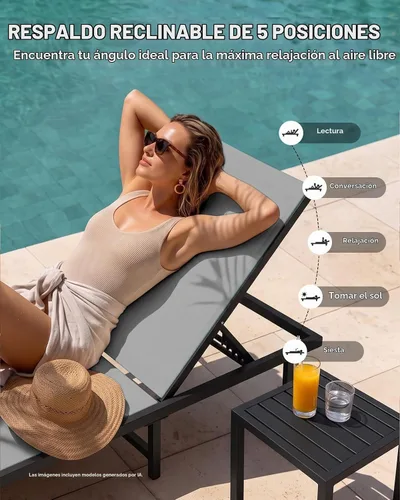 Vista 6 de Sillón para exteriores con ruedas, silla de aluminio para exteriores con 5 respaldos ajustables, fácil de mover, sillas de piscina para patio, junto