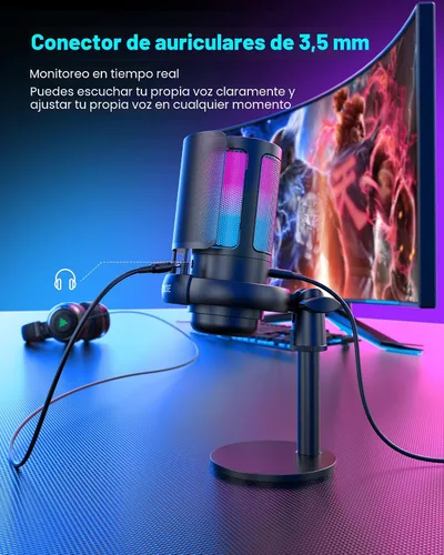Vista 5 de Micrófono para juegos para PC: micrófono USB para Podcasts, Videos y Streaming - Micrófono condensador con silencio rápido y Filtro Pop - Micrófono