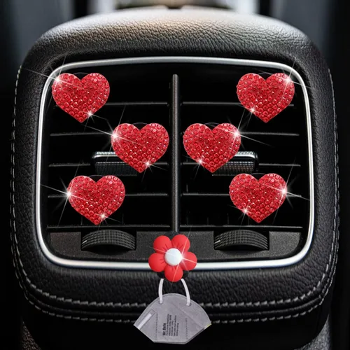 Vista 2 de Clips de ventilación con corazón brillante, 6 piezas de ambientadores de coche en forma de corazón rojo, decoración interior de coche con diamantes