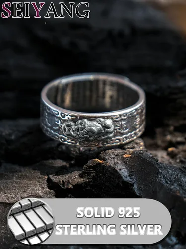 Vista 4 de Seiyang Anillo de Feng Shui 925 Plata de Ley Pixiu Mantra Anillo de Protección de Riqueza Ajustable Regalo para Hombres Mujeres (con Caja de Regalo)