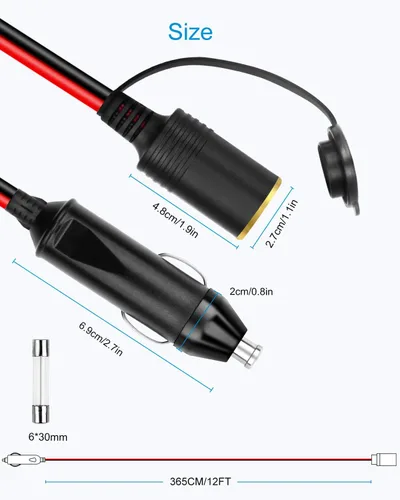 Vista 2 de ALITOVE Cable de extensión para encendedor de cigarrillos de 12 AWG, 12 pies, 30 A, 360 W, máximo, cable de alimentación resistente, enchufe macho a