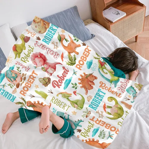 Vista 44 de Manta de regalo personalizada de dinosaurio con nombre para niñas, niños, recién nacidos, dinosaurio, manta personalizada para envolver al bebé