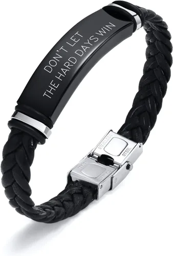 Vista 9 de Pulsera de cuero para hombre, regalo de sobriedad para hombre: cita inspiradora/versículo bíblico grabado, pulsera trenzada negra para hombre