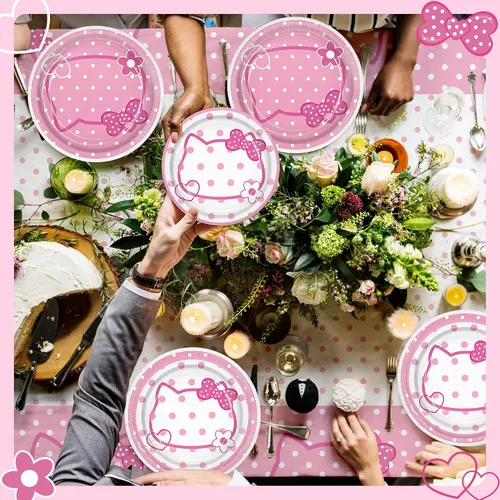 Vista 5 de 3 piezas de mantel de fiesta con lazos rosas de gatitos, lindo mantel de gatitos con puntos, rectangular desechable de 54×108 pulgadas, blanco