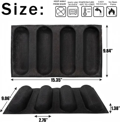 Vista 2 de Dioycli Molde de pan de silicona para hornear pan grande de baguette sartén perforada para bollos de perritos calientes, 4 panes, alfombrilla