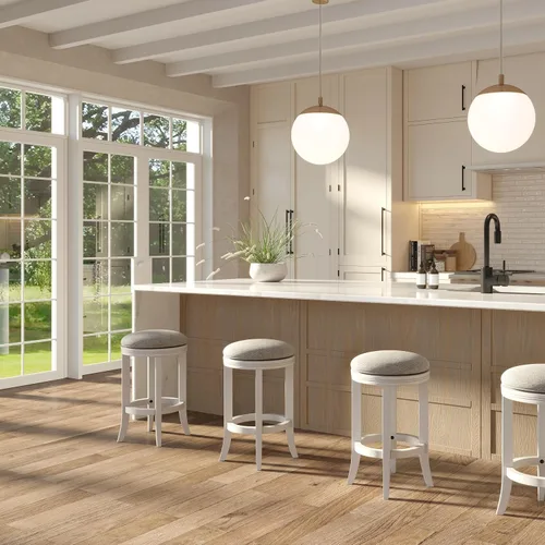 Vista 4 de NewRidge Home Goods Avery Taburete de bar de madera sin respaldo de 25 pulgadas con asiento giratorio gris tapizado, marco blanco, 25 pulgadas