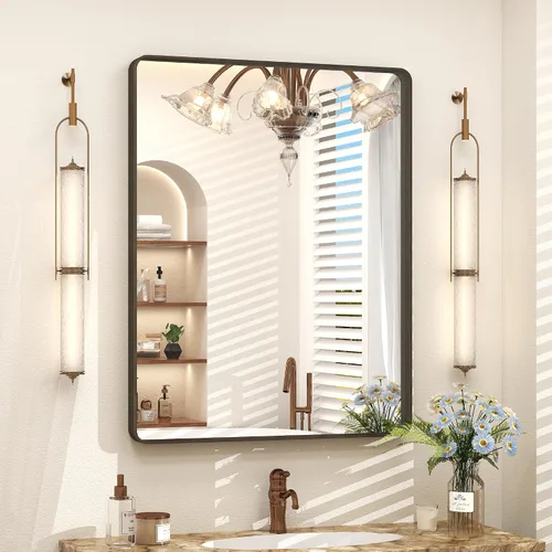 Vista 50 de Espejo rectangular para pared de baño de 20x30 pulgadas con marco negro mate, espejo de tocador con esquinas redondeadas, espejo de baño de metal