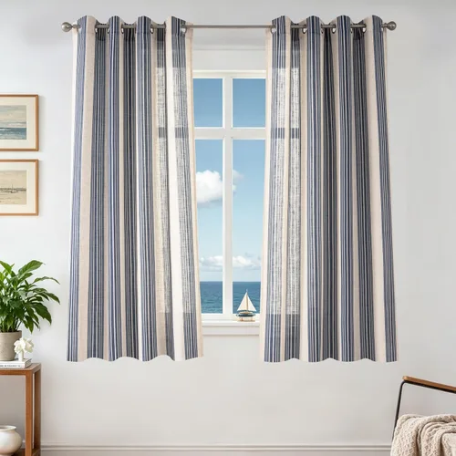 Vista 64 de DriftAway Cortinas de estilo granja con rayas verticales de lino mezclado texturizado con filtro de luz semitransparente para sala de estar