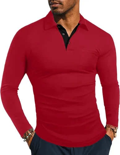 Vista 8 de KUYIGO Camisas de manga larga y corta estilo polo para hombre, estilo informal, ajustadas, diseño sólido, suave, con botones, de algodón, con A1