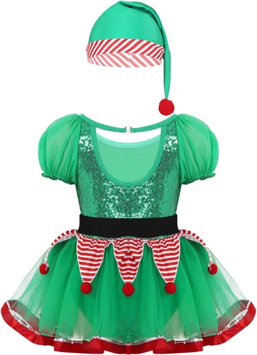 Vista 2 de dPois Disfraz de elfo de Papá Noel para niñas y niñas, vestido de tutú de lentejuelas para baile, traje festivo, fiesta de Navidad