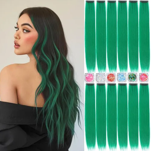Vista 22 de Extensiones de cabello de colores, extensión de cabello liso con clip de 22 pulgadas, extensiones de cabello con brillantina multicolor arcoíris