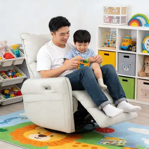 Vista 2 de Mecedora reclinable giratoria de energía eléctrica, silla con carga USB, piel sintética para dormitorio (gris claro)