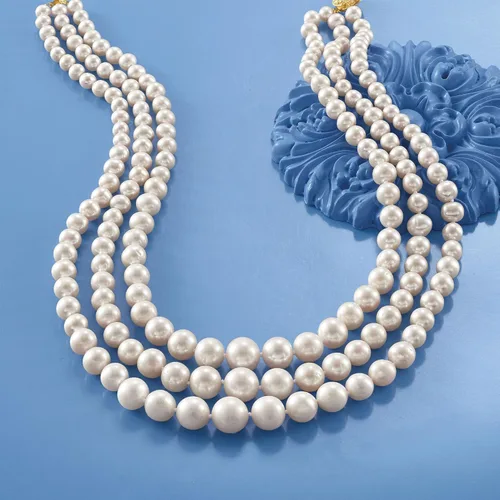 Vista 5 de Ross-Simons 6-12.5mm Cultured Pearl 3-Strand Necklace With 14kt Yellow Gold