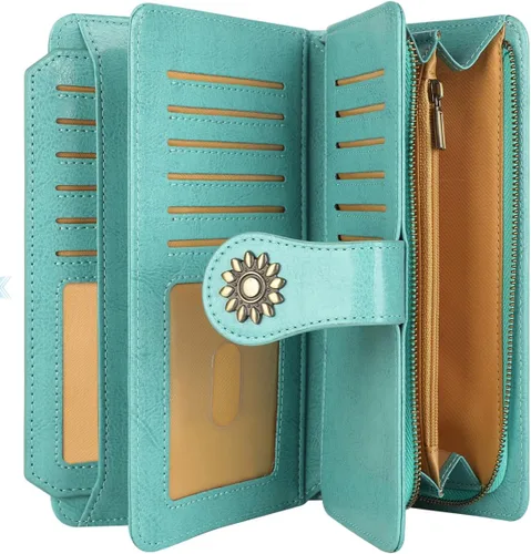 Vista 3 de Lavemi - Cartera de piel con bloqueo RFID para mujer, de gran capacidad, para llevarla a la muñeca