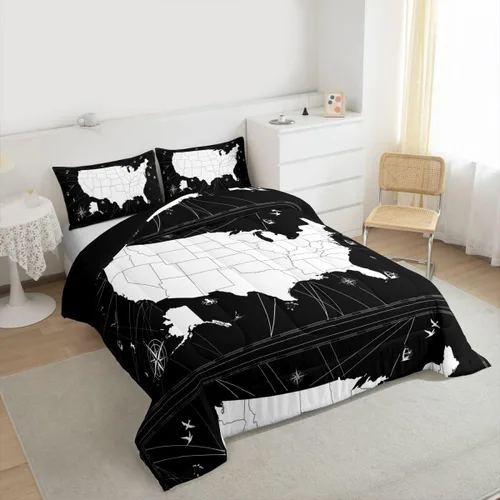 Vista 4 de Juego de edredón con diseño de mapa del mundo, juego de edredón y juegos de cama con temática náutica, color blanco y negro, edredón de velero