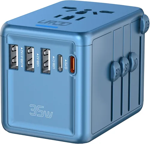 Vista 8 de Adaptador de viaje universal con carga rápida USB-C PD de 35 W, 5 puertos USB C/A, salida de CA de 2500 W, adaptador de corriente internacional
