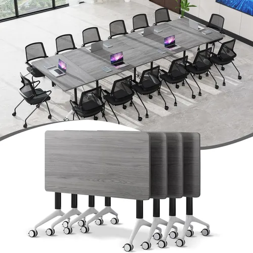 Vista 22 de Mesa de sala de conferencias, mesa de conferencias de 55.1 pulgadas con ruedas, moderna mesa de entrenamiento de conferencias de color madera Nuez