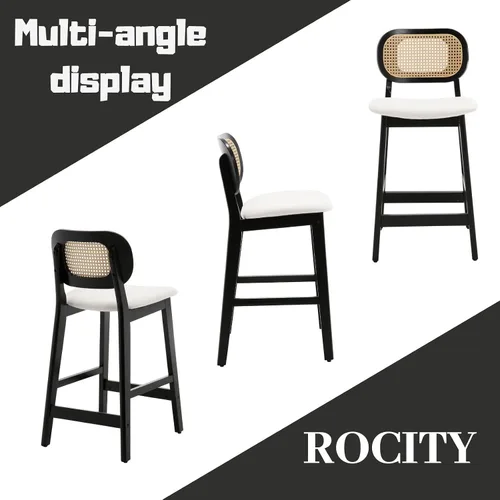 Vista 7 de ROCITY - Juego de 2 taburetes de ratán negro, taburetes de bar de madera de granja, taburetes de bar tapizados, sillas de isla de cocina