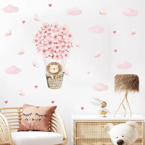 Vista 3 de Calcomanías de pared de globo aerostático con diseño de cachorro de león, diseño de mariposa rosa, nube, corazón, bricolaje, calcomanías de pared
