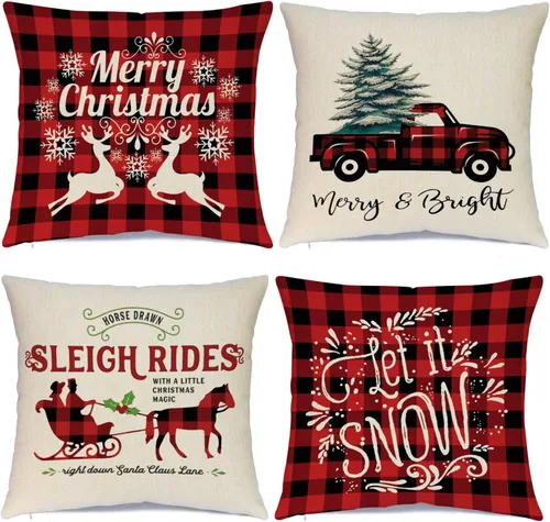 Vista 8 de Hlonon Fundas de Almohada Navideñas 16 x 16 Pulgadas Juego de 4 - Serie Navideña Funda de Cojín Almohada Personalizada con Cremallera Cuadrada Funda