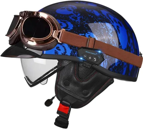Vista 14 de Casco de cara abierta con Bluetooth para hombres y mujeres, casco retro de estilo alemán con diseño de calavera, visera con gafas, casco de media