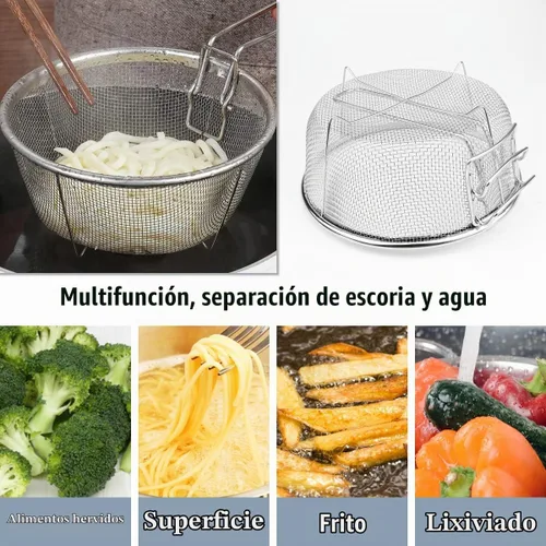 Vista 5 de Cesta de drenaje de acero inoxidable, cesta plegable multifuncional para freír – Malla de alambre redonda para freír chips franceses para servir