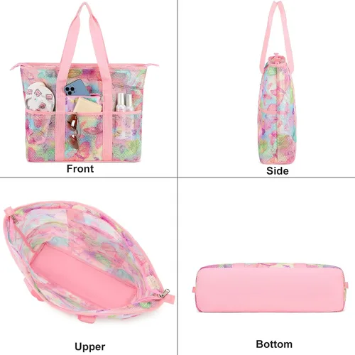 Vista 10 de CAMTOP Bolsas de playa para mujer, bolsa de playa de malla con cremallera, bolsas de conchas para niños, grandes para piscina, natación, vacaciones