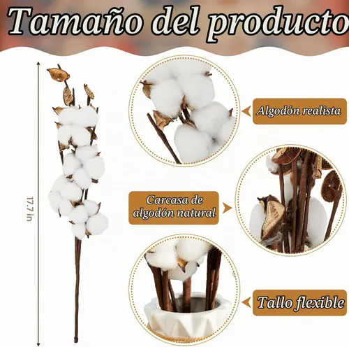 Vista 2 de Tallew 24 piezas de flores de algodón artificial de 17.7 pulgadas, tallos de algodón artificial con tallos de trigo seco en la cabeza, ramo de trigo