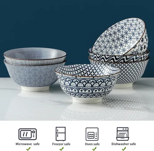 Vista 4 de Tazones de porcelana para cereales de 24 onzas a 6 pulgadas, juego de 6, cuencos vintage azules y blancos para arroz, ensalada, aperitivos