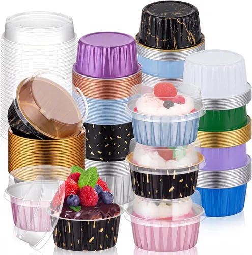 Vista 15 de 120 Pcs Moldes de Papel de Aluminio para Hornear Mini Moldes para Pasteles con Tapas 5 oz Forros para Cupcakes Moldes Desechables para Magdalenas