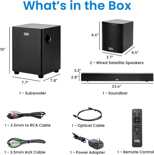 Vista 6 de Acoustic Audio 5.1 Barra de sonido envolvente para cine en casa con Bluetooth, RCA, óptico, ARC, AUX, subwoofer inalámbrico y control remoto