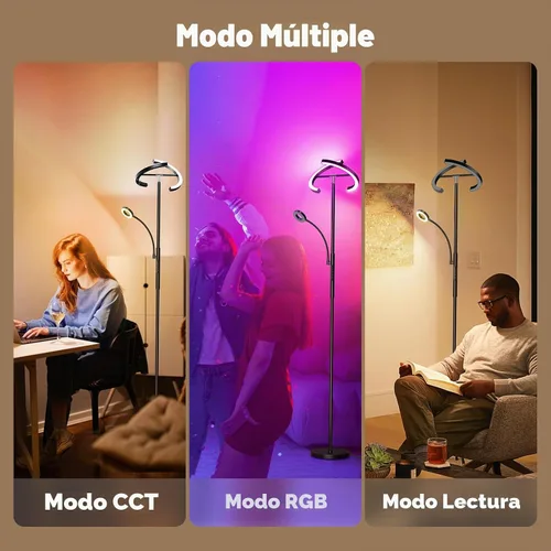 Vista 4 de SIBRILLE Lámpara de pie RGBCW mejorada de 36 W con anillo de lectura, lámpara de pie LED giratoria con control remoto, luz de pie regulable, luz