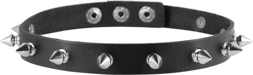 Vista 11 de HZMAN Collar Gargantilla de Cuero con Espigas Metálicas, Puños Puntiagudos y Eslabón de Seguridad para Mujeres y Hombres 01-Negro