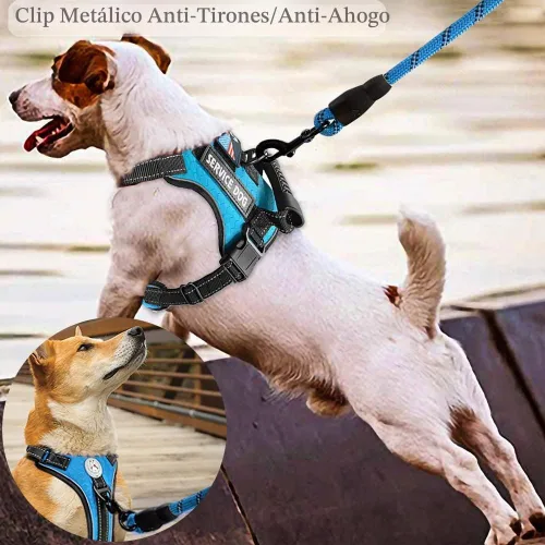 Vista 5 de Cymiler Chaleco de servicio para perro, arnés y correa para perro, arnés ajustable Oxford reflectante con asa para entrenamiento al aire libre Azul