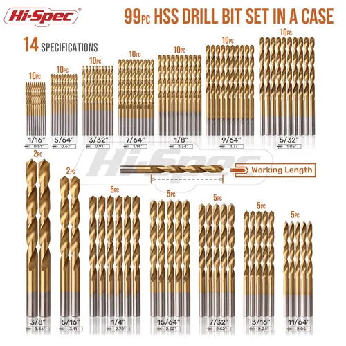 Vista 2 de Hi-Spec Tools - Juego de brocas de acero SAE HSS de 99 piezas para destornilladores de taladro - Brocas de 1/16 a 3/8 pulgadas para metal, plástico