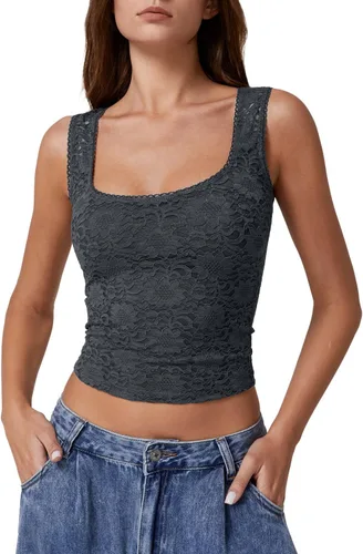 Vista 11 de QINSEN Camiseta sin mangas de doble capa con cuello cuadrado y ribete de encaje para mujer Amarillo claro